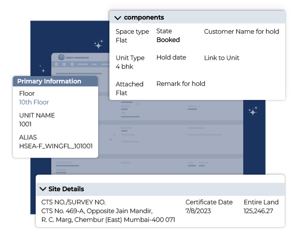 Real estate CRM software with detailed property and project definitions – manage floor plans, project milestones, and unit specifications for accurate post-sales tracking