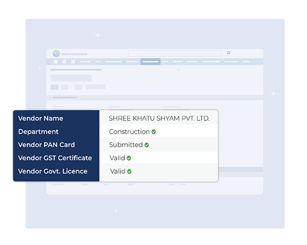 Real estate ERP vendor onboarding screen with compliance checks and guided steps to quickly register new suppliers