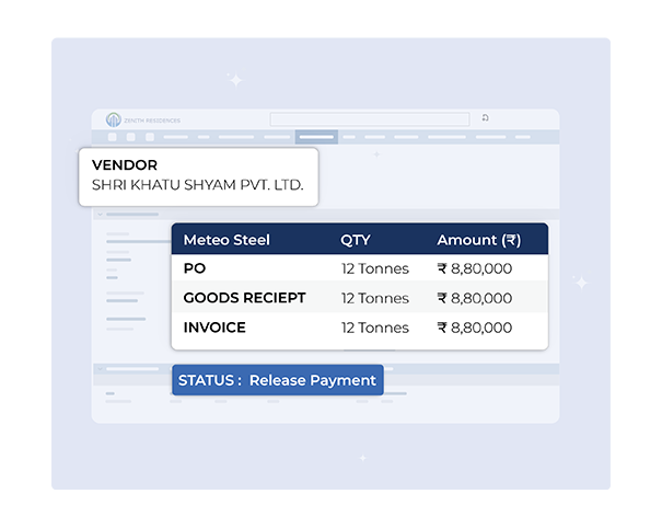Three-way matching screen comparing purchase orders, goods receipts, and invoices to ensure